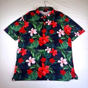 Yatta Golf Mens XXL Tropical Hibiscus Floral Performance Polo Shirt Navy Blue